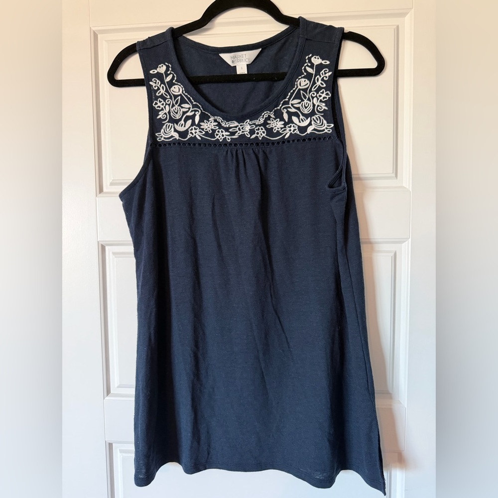 Market & Spruce Navy Tank Top with White Floral Embroidery